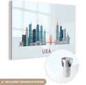 MuchoWow® Glasschilderij 120x80 cm - Schilderij acrylglas - USA - Skyline - Vrijheidsbeeld - Foto op glas - Schilderijen