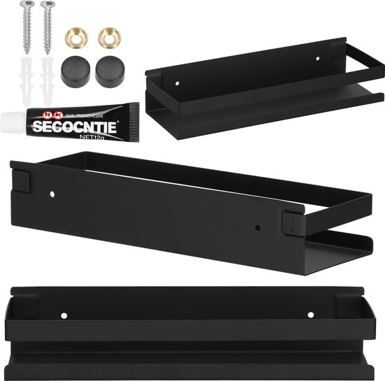 Zwarte metalen doucheplank met dubbele rand, installatie-accessoires en een extra plank.