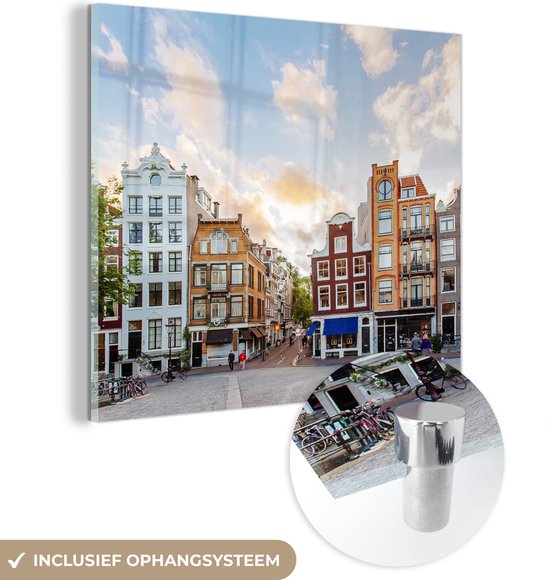 MuchoWow® Glasschilderij 90x90 cm - Schilderij acrylglas - Grachtenpanden Amsterdam - Foto op glas - Schilderijen