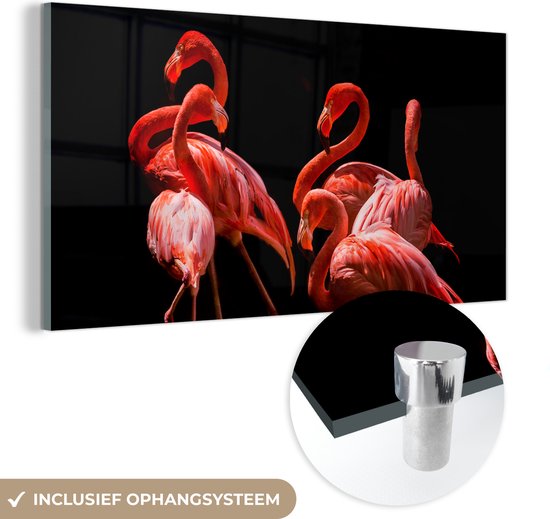 MuchoWow® Glasschilderij 160x80 cm - Schilderij acrylglas - Flamingo's - Vogels - Veren - Zwart - Foto op glas - Schilderijen
