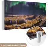 MuchoWow® Glasschilderij 160x80 cm - Schilderij acrylglas - Noorderlicht - Groen - Paars - Noorwegen - Foto op glas - Schilderijen