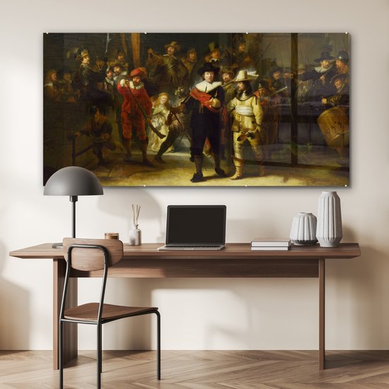 MuchoWow® Glasschilderij 160x80 cm - Schilderij acrylglas - De Nachtwacht - Rembrandt van Rijn - Foto op glas - Schilderijen