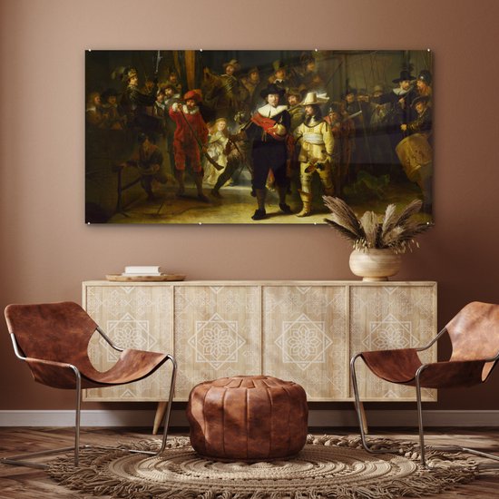 MuchoWow® Glasschilderij 160x80 cm - Schilderij acrylglas - De Nachtwacht - Rembrandt van Rijn - Foto op glas - Schilderijen