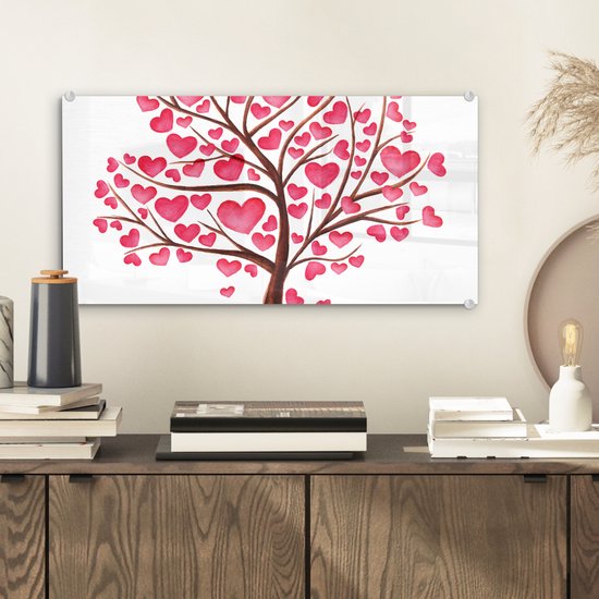 MuchoWow® Peinture sur verre 40x20 cm - Peinture sur verre acrylique - Illustration d'un arbre avec des coeurs - Photo sur verre - Peintures