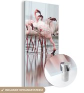 MuchoWow® Glasschilderij 20x40 cm - Schilderij acrylglas - Een groep lichtroze flamingo's staat in het water - Foto op glas - Schilderijen