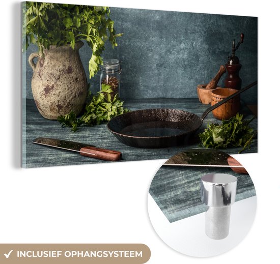 MuchoWow® Glasschilderij 160x80 cm - Schilderij acrylglas - Kruiden - Specerijen - Pan - Mes - Grijs - Rustiek - Foto op glas - Schilderijen