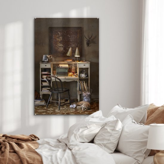 MuchoWow® Peinture sur Verre - Machine à écrire Vintage sur un Bureau Blanc - 60x90 cm - Peintures sur Verre Peintures - Photo sur Glas