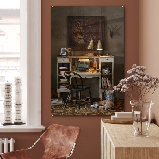 MuchoWow® Peinture sur Verre - Machine à écrire Vintage sur un Bureau Blanc - 60x90 cm - Peintures sur Verre Peintures - Photo sur Glas