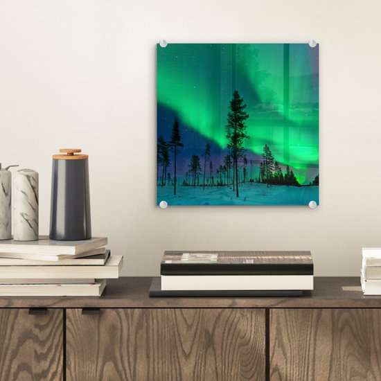 Peinture sur verre MuchoWow® 20x20 cm - Peinture acrylique sur verre - Aurores boréales - Suède - Arbre - Photo sur verre - Peintures
