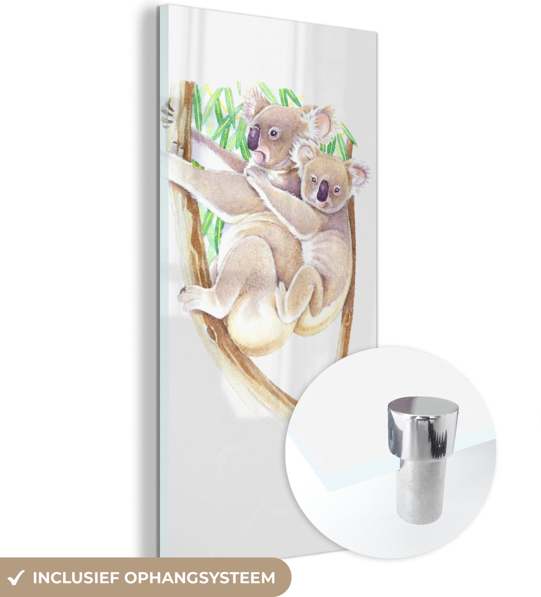 ® Glasschilderij 40x80 cm - Schilderij acrylglas - Koala - Tak - Waterverf - Foto op glas - Muurdecoratie woonkamer - Wanddecoratie slaapkamer - Schilderijen