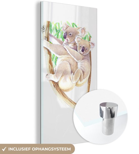 MuchoWow® Glasschilderij 40x80 cm - Schilderij acrylglas - Koala - Tak - Waterverf - Foto op glas - Schilderijen