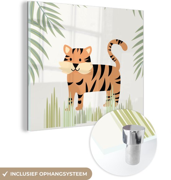 MuchoWow® Glasschilderij 90x90 cm - Schilderij acrylglas - Illustratie van een tijger in de jungle - Foto op glas - Schilderijen