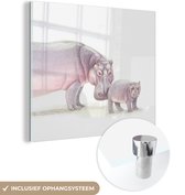 MuchoWow® Glasschilderij 50x50 cm - Schilderij acrylglas - Nijlpaard - Kalf - Waterverf - Foto op glas - Schilderijen