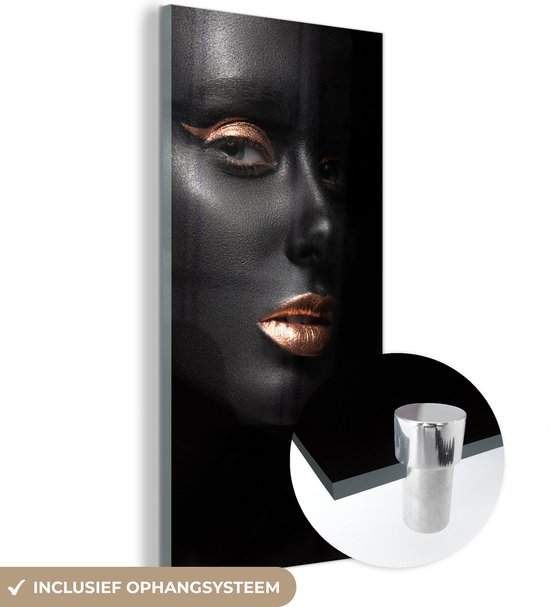 MuchoWow® Peinture sur verre 20x40 cm - Peinture sur verre acrylique - Zwart - Or - Femme - Photo sur verre - Peintures