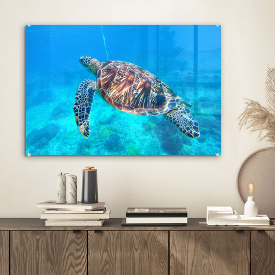 MuchoWow® Peinture sur verre 60x40 cm - Peinture sur verre acrylique - Tortue - Mer - Blauw - Photo sur verre - Peintures