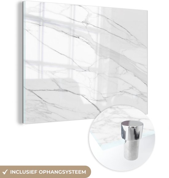 MuchoWow® Glasschilderij 120x90 cm - Schilderij acrylglas - Marmer - Wit - Lijn - Patronen - Luxe - Marmerlook - Foto op glas - Schilderijen