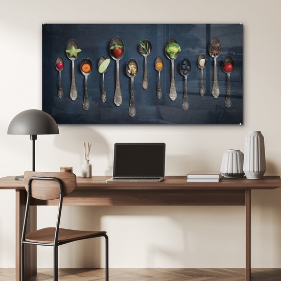 MuchoWow® Peinture sur verre 120x60 cm - Peinture sur verre acrylique - Herbes - Cuillère - Argent - Épices - Industriel - Photo sur verre - Peintures