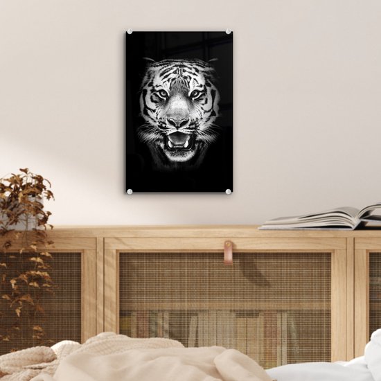 Peinture sur verre - Tête de tigre fond noir - noir et blanc - 20x30 cm - Peintures sur Verre Peintures - Photo sur Glas