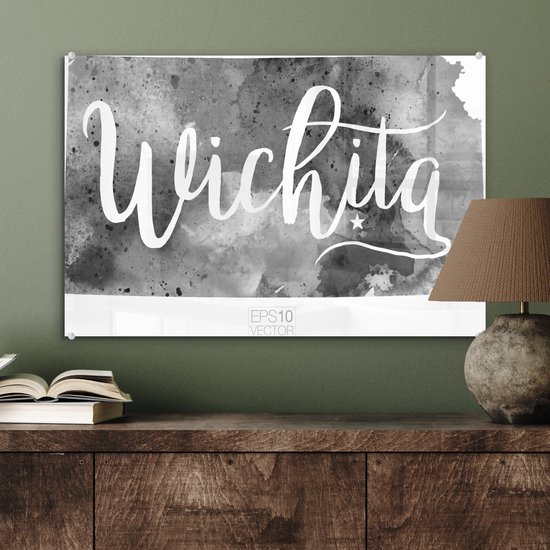 ® Glasschilderij 60x40 cm - Schilderij acrylglas - Een illustratie van de stad Wichita in Kansas met een kleurrijk kader - Foto op glas - Muurdecoratie woonkamer - Wanddecoratie slaapkamer - Schilderijen
