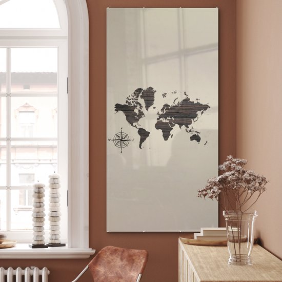 Peinture sur Verre - Carte du Wereldkaart - Bois - Marron - 80x160 cm - Peintures sur Verre Peintures - Photo sur Glas