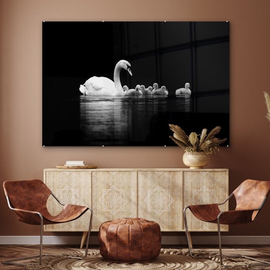 MuchoWow® Tableau en verre 150x100 cm - Peinture acrylique sur verre - Cygnes sur fond noir - noir blanc - Photo sur verre - Tableaux