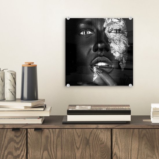 Peinture sur verre - Femme noire au visage doré - noir et blanc - 20x20 cm - Peintures sur Verre Peintures - Photo sur Glas