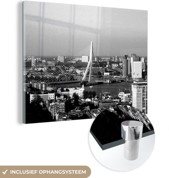 MuchoWow® Glasschilderij 120x90 cm - Schilderij acrylglas - Luchtfoto van de Erasmusbrug in Rotterdam - zwart wit - Foto op glas - Schilderijen