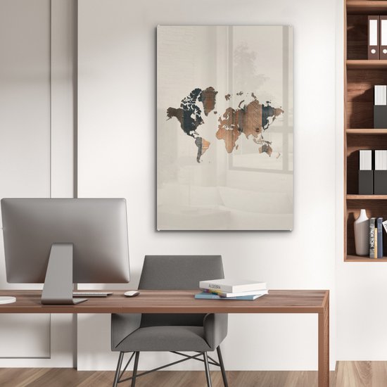 Peinture sur Verre - Carte du Wereldkaart - Planche de Bois - Marron - 80x120 cm - Peintures sur Verre Peintures - Photo sur Glas
