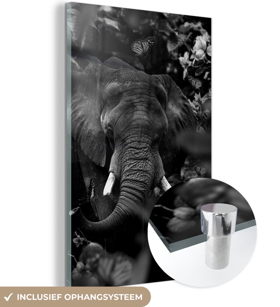 MuchoWow - Impression sur verre Éléphant - Noir - Blanc - Animaux