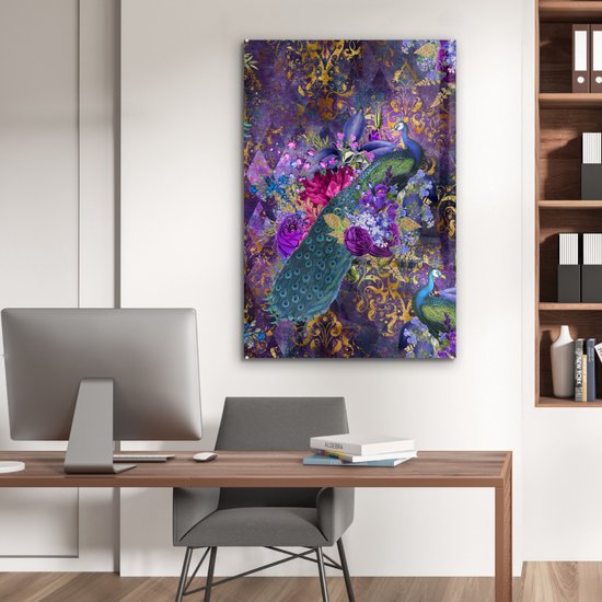 Peinture sur Verre - Motifs - Paon - Violet - Or - 60x90 cm - Peintures Plexiglas