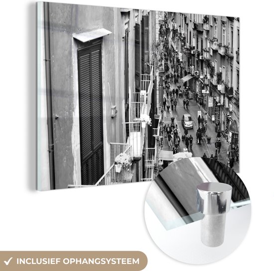 MuchoWow® Glasschilderij 60x40 cm - Schilderij acrylglas - Napels van bovenaf - zwart wit - Foto op glas - Schilderijen