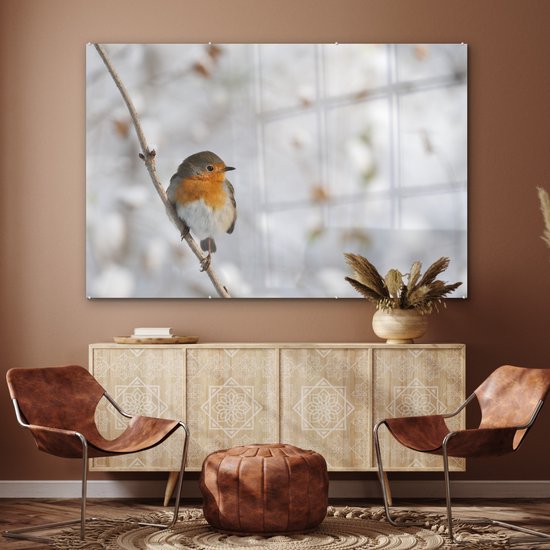Robin sur une fine branche en hiver Plexiglas 180x120 cm - Tirage photo sur Glas (décoration murale plexiglas) XXL / Groot format!
