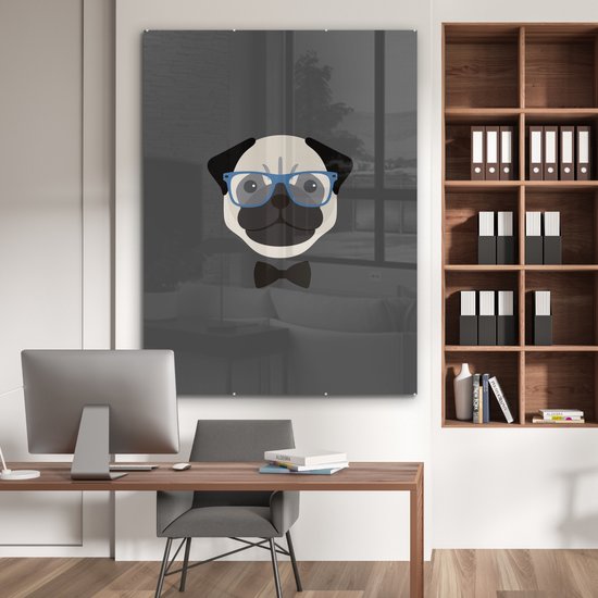 MuchoWow® Glasschilderij 120x160 cm - Schilderij acrylglas - Geïllustreerd portret van een mopshond - Foto op glas - Schilderijen