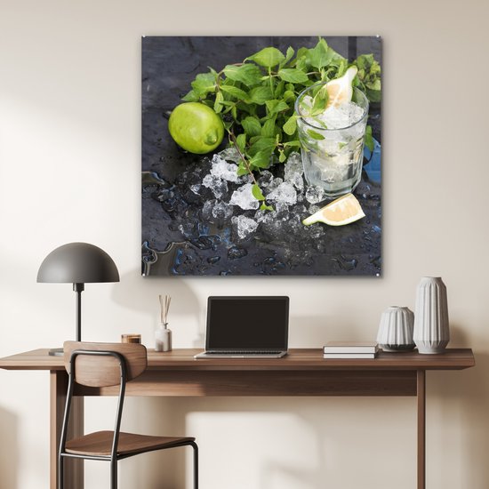 MuchoWow® Peinture sur Verre - Cocktail - Mojito - Glaçons - 90x90 cm - Peintures sur Verre Acrylique - Photo sur Glas