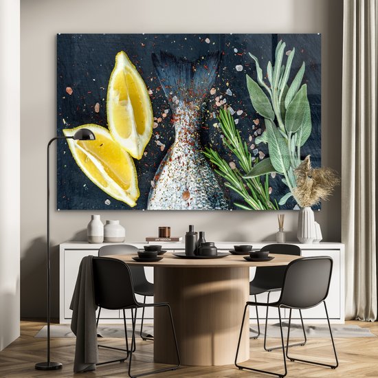 MuchoWow® Glasschilderij 150x100 cm - Schilderij acrylglas - Vis - Citroen - Kruiden - Foto op glas - Schilderijen