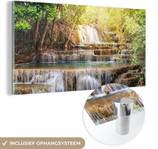 MuchoWow® Glasschilderij 160x80 cm - Schilderij acrylglas - Zon - Waterval - Landschap - Foto op glas - Schilderijen
