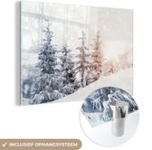MuchoWow® Glasschilderij 150x100 cm - Schilderij acrylglas - Boom - Sneeuw - Winter - Foto op glas - Schilderijen