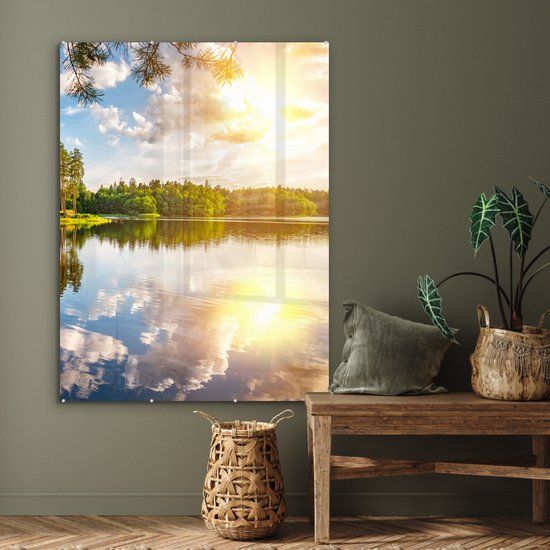 MuchoWow® Glasschilderij 90x120 cm - Schilderij acrylglas - Bomen - Water - Zon - Foto op glas - Schilderijen