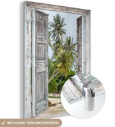 MuchoWow® Glasschilderij 30x40 cm - Schilderij acrylglas - Tropisch - Palmboom - Doorkijk - Zee - Foto op glas - Muurdecoratie woonkamer - Wanddecoratie slaapkamer - Schilderijen
