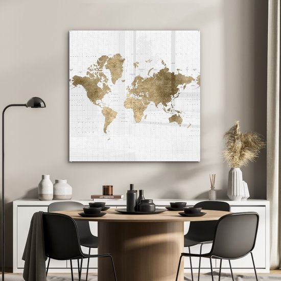 ® Glasschilderij 90x90 cm - Schilderij acrylglas - Wereldkaart - Glitters - Goud - Foto op glas - Muurdecoratie woonkamer - Wanddecoratie slaapkamer - Schilderijen