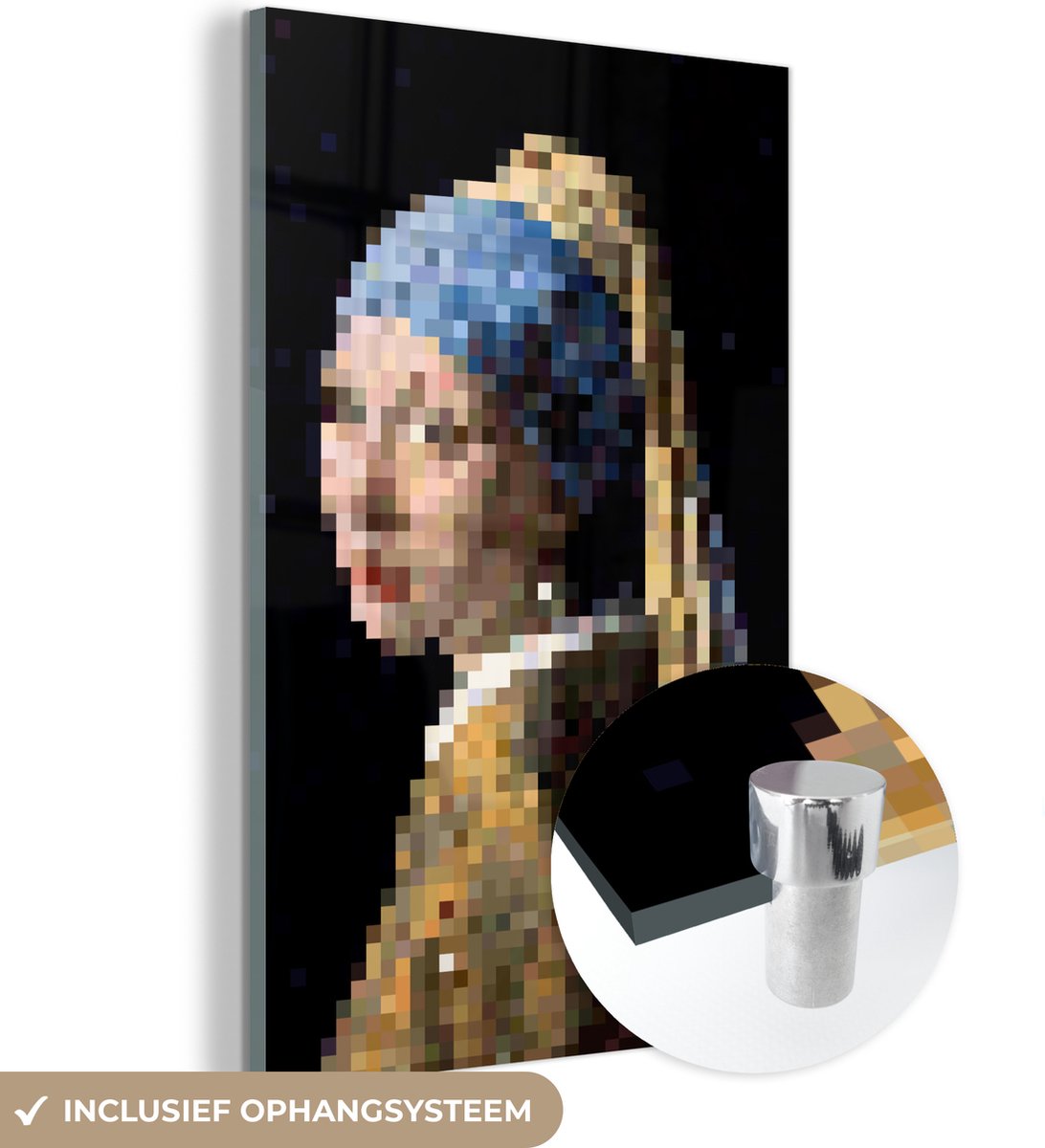 ® Glasschilderij 100x150 cm - Schilderij acrylglas - Meisje Met De Parel - Johannes Vermeer - Pixel - Foto op glas - Muurdecoratie woonkamer - Wanddecoratie slaapkamer - Schilderijen