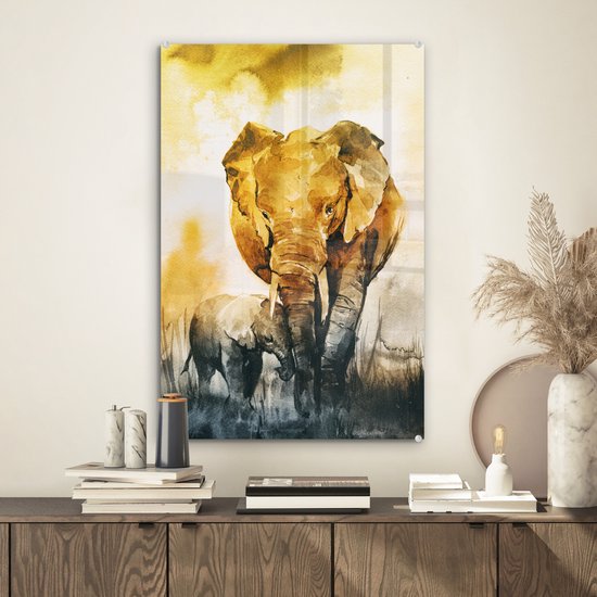 MuchoWow® Peinture sur verre 40x60 cm - Peinture sur verre acrylique - Éléphant - Enfant - Aquarelle - Photo sur verre - Peintures