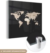 MuchoWow® Glasschilderij 50x50 cm - Schilderij acrylglas - Wereldkaart - Zwart - Beige - Foto op glas - Schilderijen