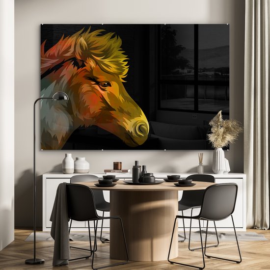 MuchoWow® Peinture sur verre 150x100 cm - Peinture sur verre acrylique - Cheval - Jaune - Zwart - Filles - Enfants - Meiden - Photo sur verre - Peintures