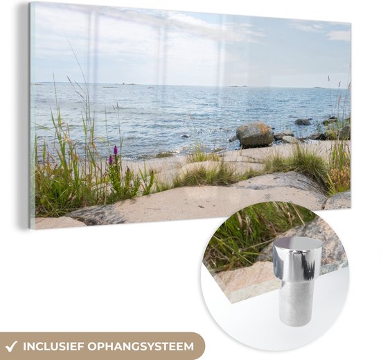 MuchoWow® Glasschilderij 80x40 cm - Schilderij acrylglas - Strand - Zee - Keien - Foto op glas - Schilderijen