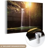 MuchoWow® Glasschilderij 90x60 cm - Schilderij acrylglas - Waterval - Tropisch - Zon - Foto op glas - Schilderijen