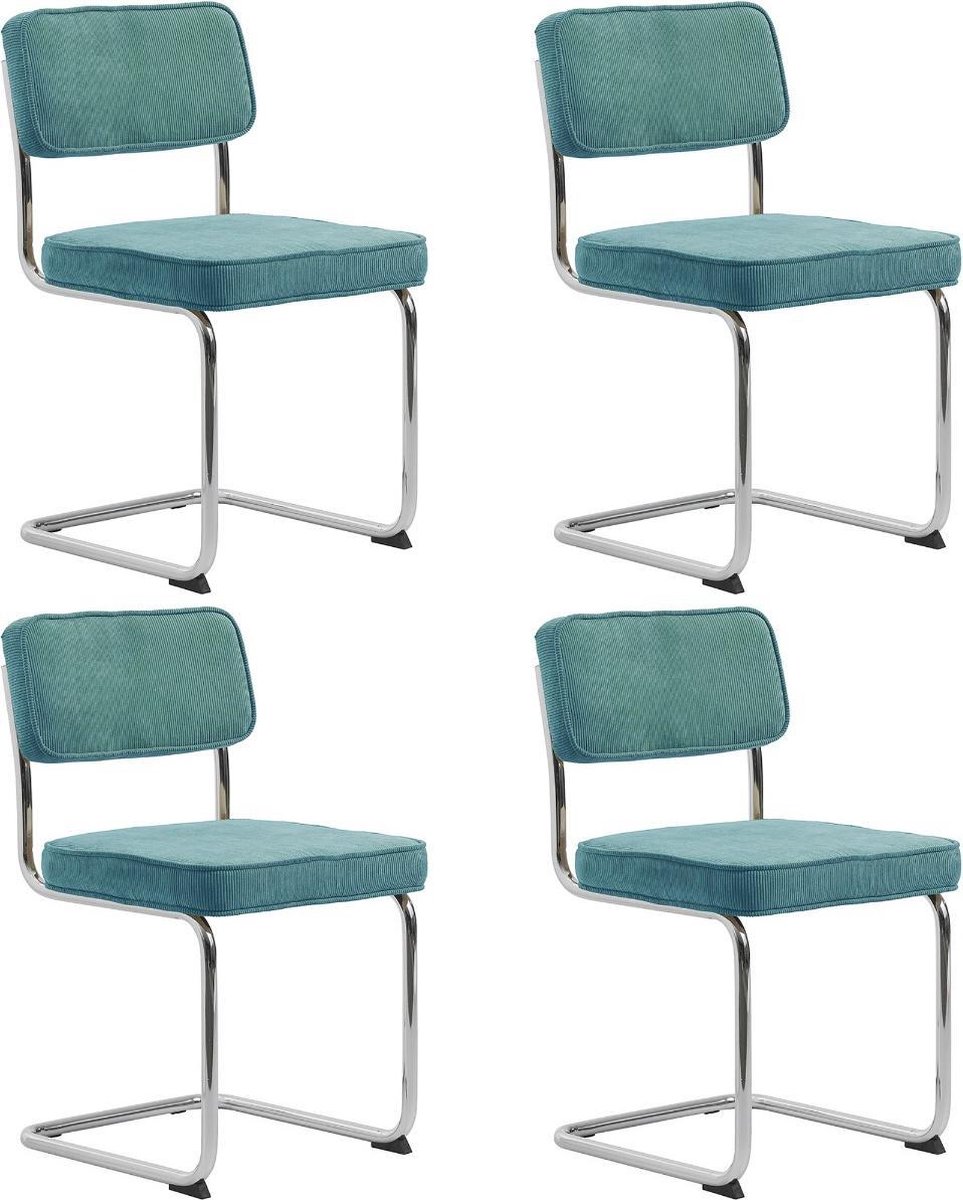24Designs SALE - Jayson Stoel - Set Van 4 - Rib Stof Blauw - Chromen Sledeframe