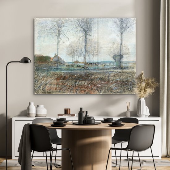 MuchoWow® Peinture sur verre 120x90 cm - Peinture sur verre acrylique - Ferme avec trois grands arbres au premier plan - Piet Mondrian - Photo sur verre - Peintures