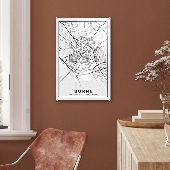 ® Glasschilderij 40x60 cm - Schilderij acrylglas - Kaart - Borne - Zwart - Wit - Foto op glas - Muurdecoratie woonkamer - Wanddecoratie slaapkamer - Schilderijen