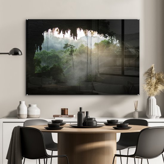 MuchoWow® Glasschilderij 120x80 cm - Schilderij acrylglas - Natuurlijke grot in het regenwoud van Maleisië - Foto op glas - Schilderijen